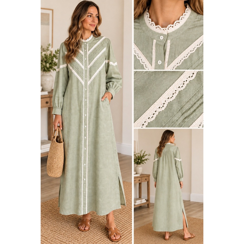 Tuckernuck Pomander Place Green Linen White Lace Maxi Dress (MSRP: $178) XXL